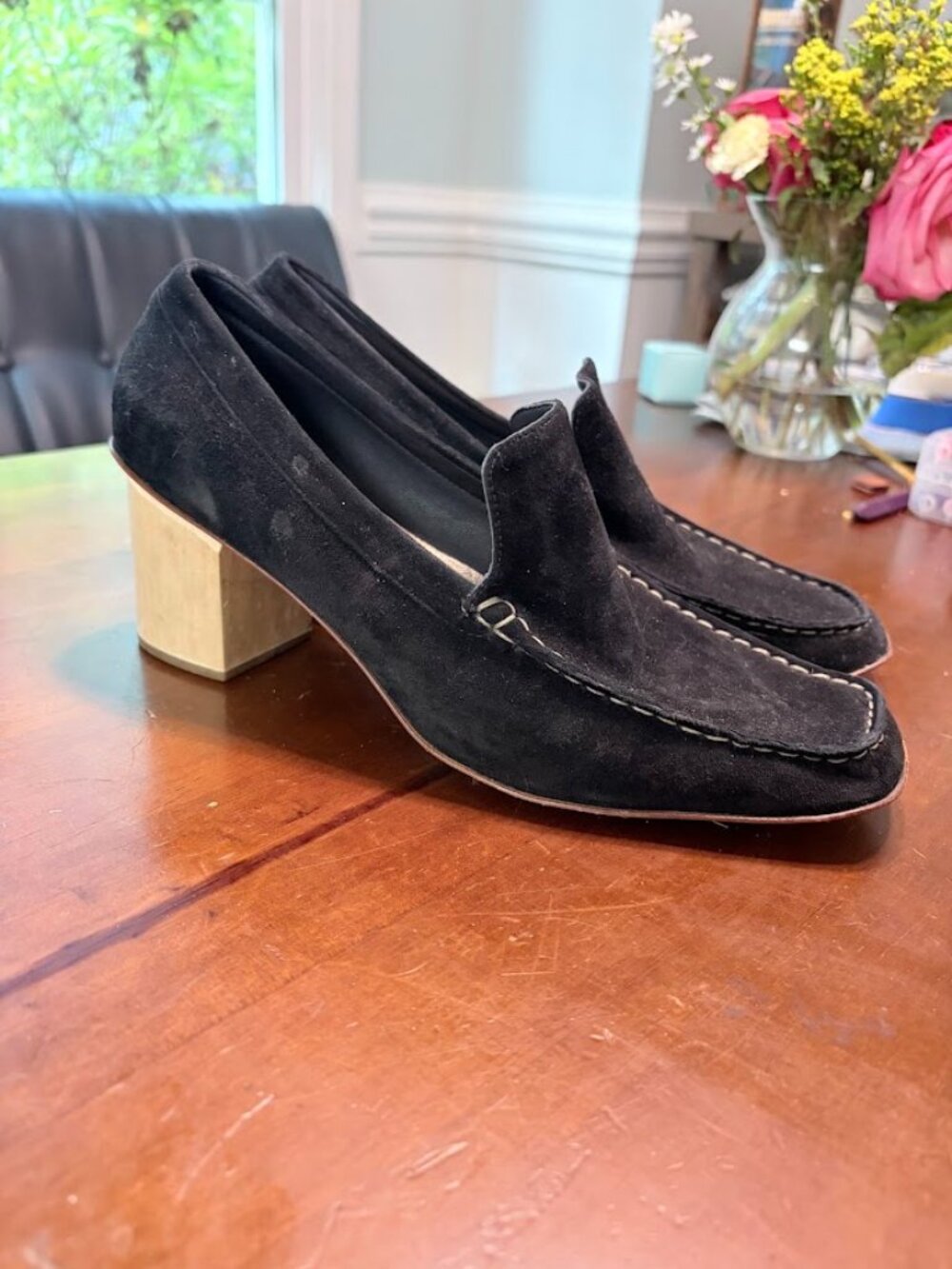 Rachel Comey Black Suede Loafers Tan Block Heel Contrast Stitch size 10